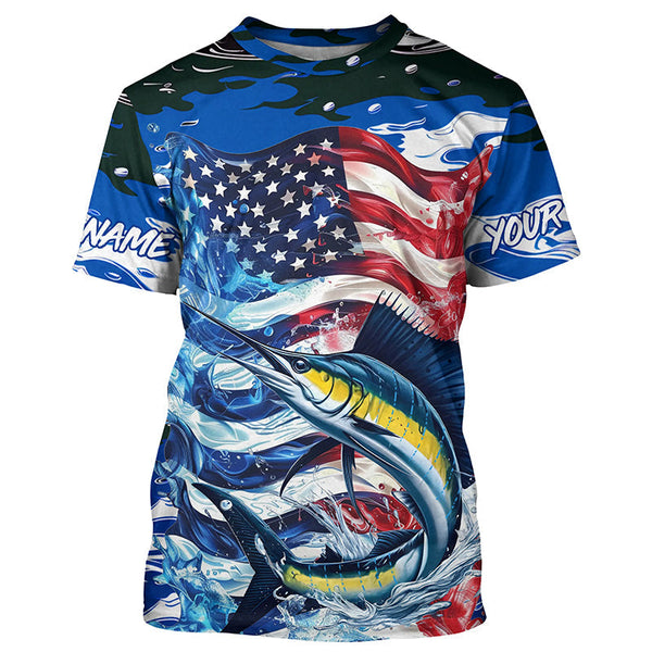Maxcorners Sailfish Fishing Custom Long Sleeve Fishing Shirts, American Flag Patriotic Sailfish Fishing Shirt MT2108