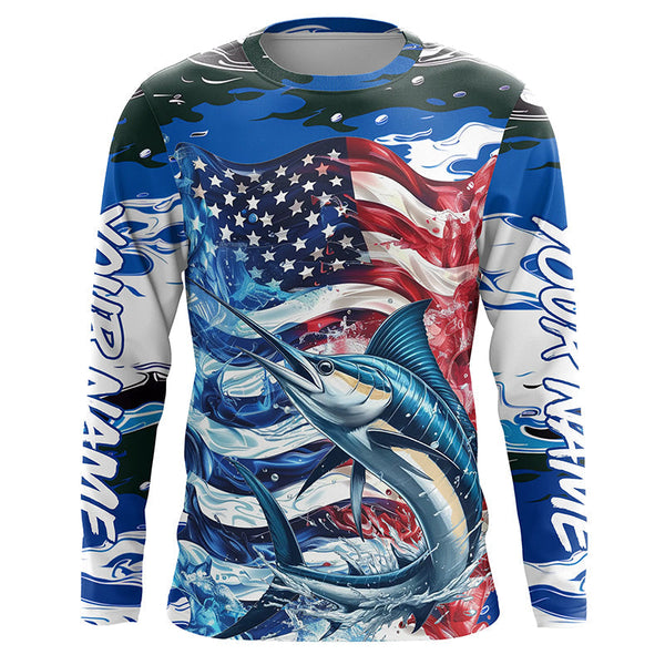 Maxcorners Marlin Fishing Custom Long Sleeve Fishing Shirts, American Flag Patriotic Marlin Fishing Shirt MT2108