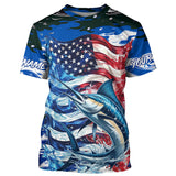 Maxcorners Marlin Fishing Custom Long Sleeve Fishing Shirts, American Flag Patriotic Marlin Fishing Shirt MT2108