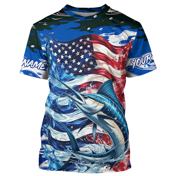 Maxcorners Marlin Fishing Custom Long Sleeve Fishing Shirts, American Flag Patriotic Marlin Fishing Shirt MT2108