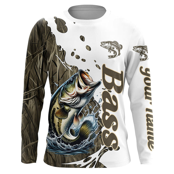 Maxcorners Grass Lake Camo Custom Bass Fishing Long Sleeve Shirts, Bass Tournament Fishing Shirt MT2108