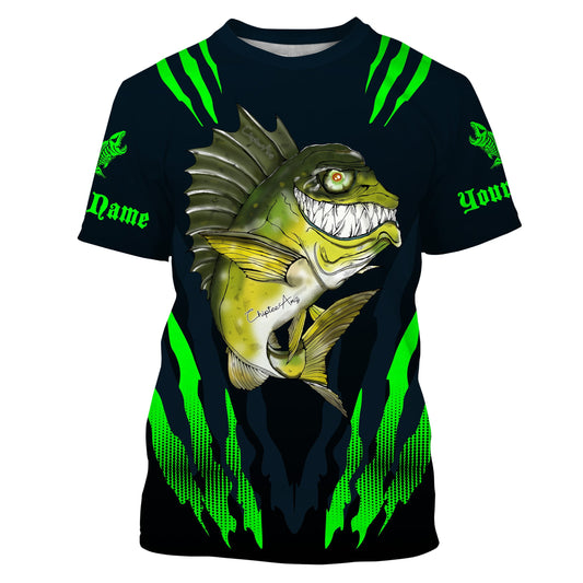 Maxcorners Angry Bass Fishing Custom Long sleeve Fishing Shirts, Bass fish reaper fishing jerseys | green LM0201