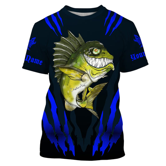 Maxcorners Angry Bass Fishing Custom Long sleeve Fishing Shirts, Bass fish reaper fishing jerseys | blue LM0201