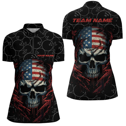 Maxcorners Custom American Flag Skull Bowling Shirts For Women, Patriotic Team Bowling Jerseys