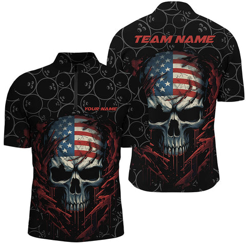 MaxCorners Bowling Ball And Pins American Flag Skull Customized Name, Team Name 3D Stand Collar Zipper Polo Shirt