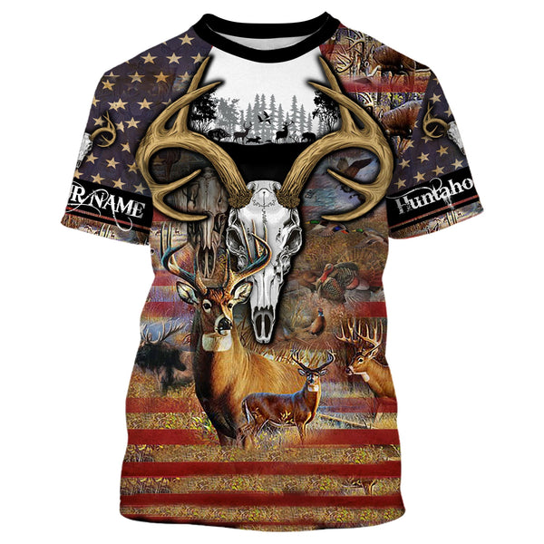 Maxcorners Custom Name Personalized Deer Skull Hunting American Flag 3D All Over Printed Clothes