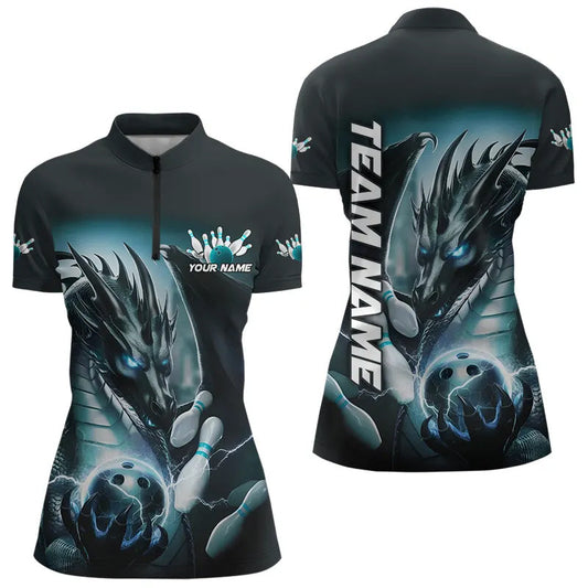 Maxcorners Blue Lightning Custom Dragon Bowling Polo Shirts For Women, Bowling Tournament Team Uniform