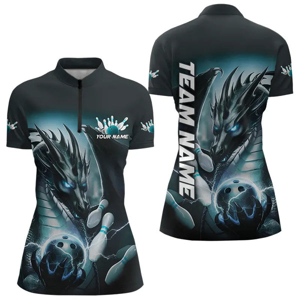 Maxcorners Blue Lightning Custom Dragon Bowling Polo Shirts For Women, Bowling Tournament Team Uniform