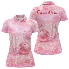 Maxcorners Custom Elegant Roses And Butterfly Women Bowling Polo Shirts, Ladies Bowling Shirt 3 LM2512