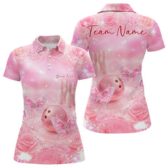 Maxcorners Custom Elegant Roses And Butterfly Women Bowling Polo Shirts, Ladies Bowling Shirt 2 LM2512