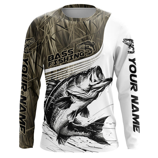Maxcorners Personalized Largemouth Bass Fishing Camo Long Sleeve Fishing Shirts, Bass Fishing Jerseys LM0201