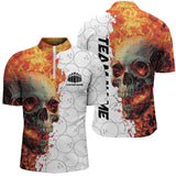 MaxCorners Bowling And Pins Flame Skull Ball Pattern Bowler Jerseys Customized Name, Team Name 3D Stand Collar Zipper Polo Shirt For Men