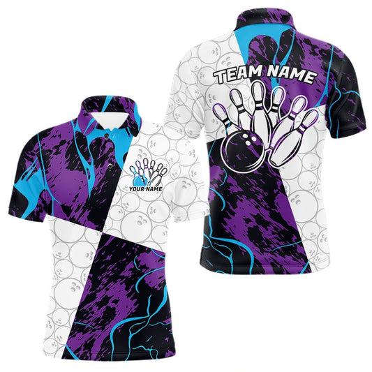 Maxcorners Custom Blue And Purple Camo Bowling Team Shirt For Men And Women, Camouflage Bowler Outfit