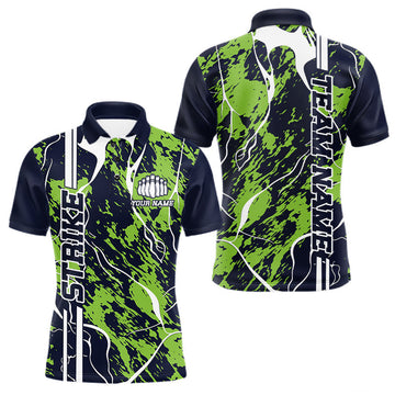Maxcorners Custom Navy Blue And Green Camo Strike Bowling Shirt, Men Bowling League Team Jerseys