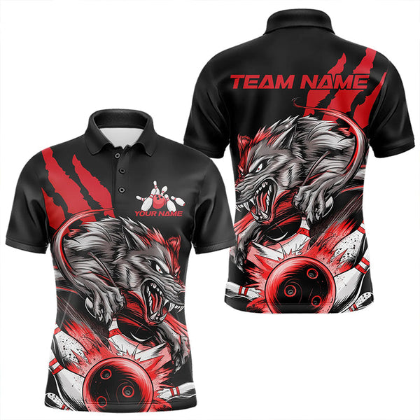 Maxcorners Custom Black And Red Wolf Bowling Men Polo Shirts, Wolf Scratch Bowling Team League Shirt