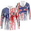 Maxcorners Hooked On Fishing Custom Skull Fishing Shirts, American Flag Patriotic Long Sleeve Fishing Shirt LM0501