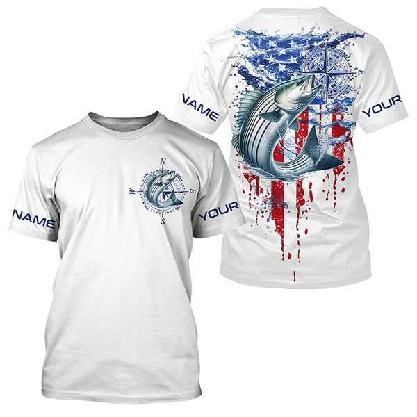 Maxcorners American Flag Striped Bass Fishing Custom Long Sleeve Shirts, Patriotic Saltwater Fishing Shirt MT2108