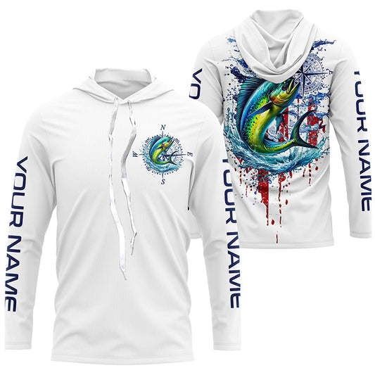 Maxcorners American Flag Mahi Mahi Fishing Custom Long Sleeve Fishing Shirts, Patriotic Saltwater Fishing Shirt LM0501