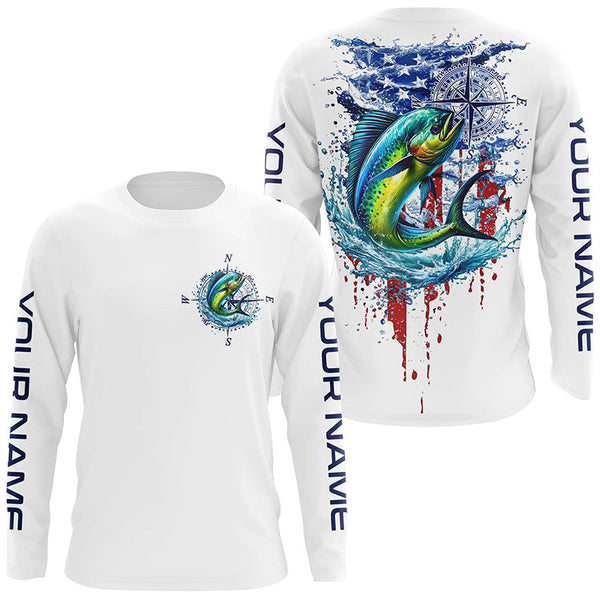 Maxcorners American Flag Mahi Mahi Fishing Custom Long Sleeve Fishing Shirts, Patriotic Saltwater Fishing Shirt MT2108