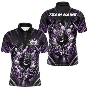 Maxcorners Custom Black And Purple Funny Bowling Ball With Crown Bowling Team Men Polo Shirt LM2709