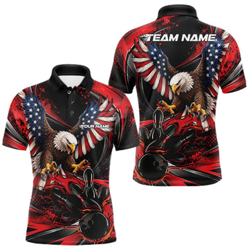 Maxcorners Custom Red Flame American Flag Eagle Patriotic Bowling Men Polo Shirt, Team Uniform LM2709