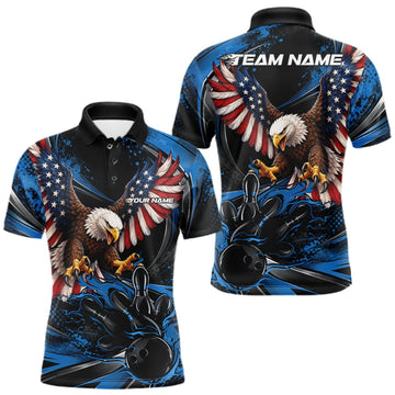 Maxcorners Custom Blue Flame American Flag Eagle Patriotic Bowling Men Polo Shirt, Team Uniform LM2709