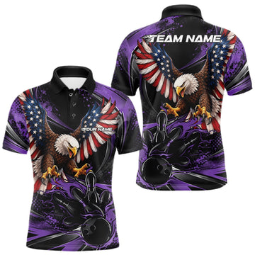 Maxcorners Custom Purple Flame American Flag Eagle Patriotic Bowling Men Polo Shirt, Team Uniform LM2709