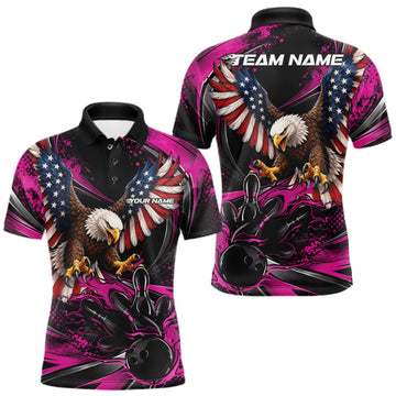 Maxcorners Custom Pink Flame American Flag Eagle Patriotic Bowling Men Polo Shirt, Team Uniform LM2709