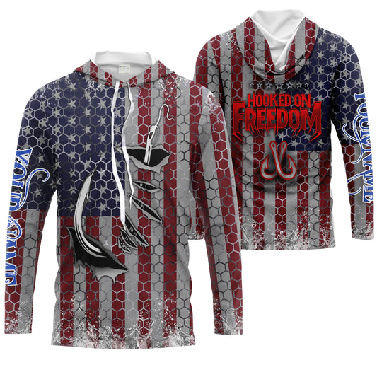 Maxcorners American Flag Fish Hook Custom Men Long Sleeve Fishing Shirts Personalized Patriotic Fishing Gifts - LM0501