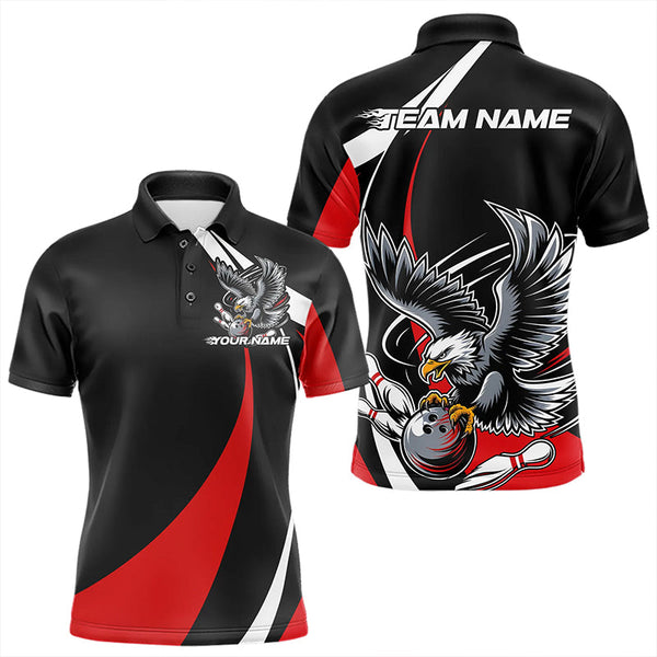 Maxcorners Custom Black And Red Eagle Bowling Men Polo Shirts, Eagle Bowling Team Jerseys