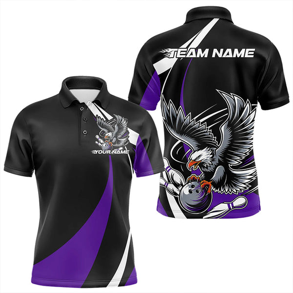 Maxcorners Custom Black And Purple Eagle Bowling Men Polo Shirts, Eagle Bowling Team Jerseys