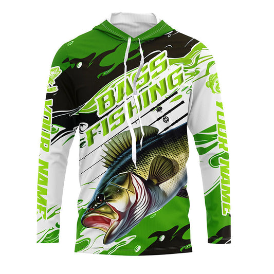 Maxcorners Custom Largemouth Bass Fishing Jerseys, Bass Long Sleeve Tournament Fishing Shirts | Green Camo LM0201