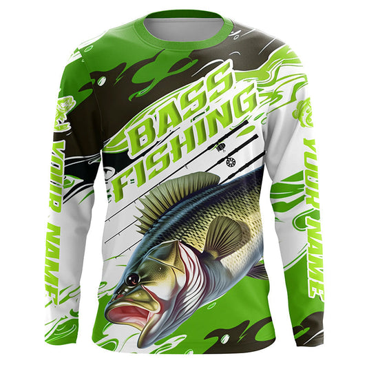 Maxcorners Custom Largemouth Bass Fishing Jerseys, Bass Long Sleeve Tournament Fishing Shirts | Green Camo LM0201