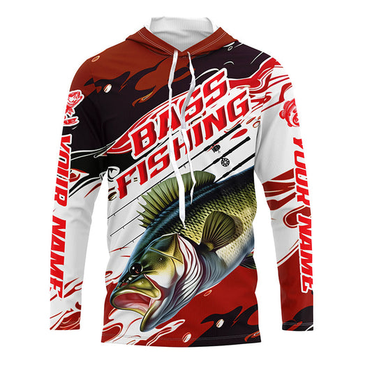 Maxcorners Custom Largemouth Bass Fishing Jerseys, Bass Long Sleeve Tournament Fishing Shirts | Red Camo LM0201