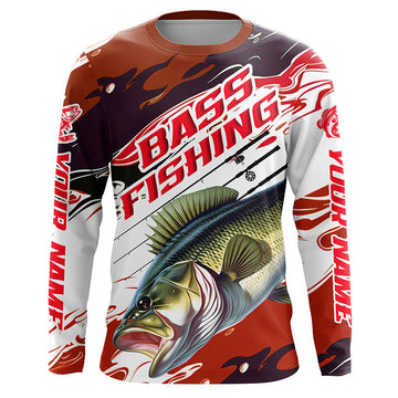 Maxcorners Custom Largemouth Bass Fishing Jerseys, Bass Long Sleeve Tournament Fishing Shirts | Red Camo LM0201