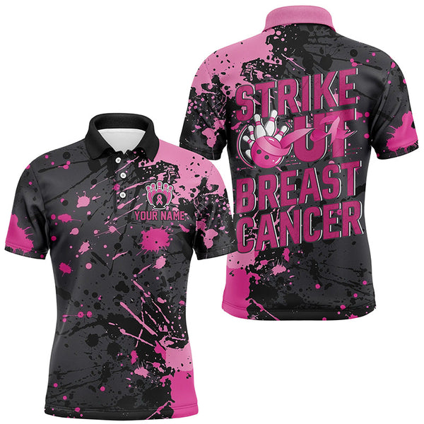 Maxcorners Black And Pin Strike Out Breast Cancer Pink Ribbon Custom Breast Cancer Bowling Shirt For Men LM1610
