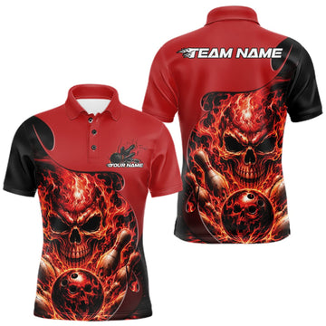 Maxcorners Custom Black And Red Fire Flame Halloween Skull Bowling Men Polo Shirt, Team Jersey LM0409