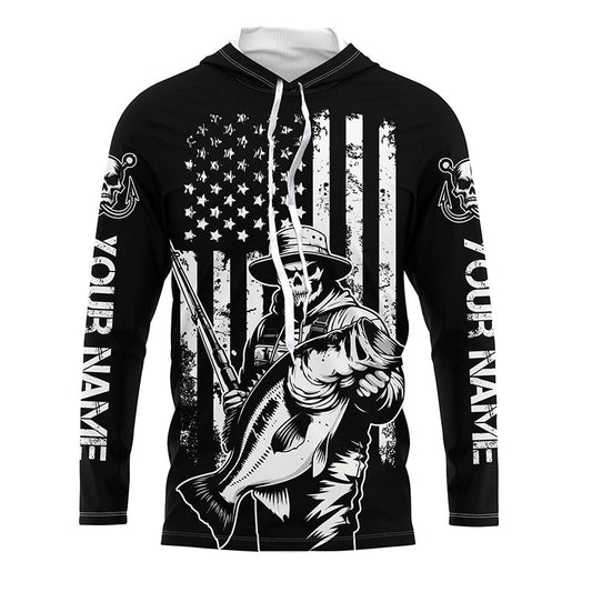 Maxcorners Black And White American Flag Bass Fisherman Custom Skull Fishing Shirts, Patriotic Fishing Jerseys LM0501