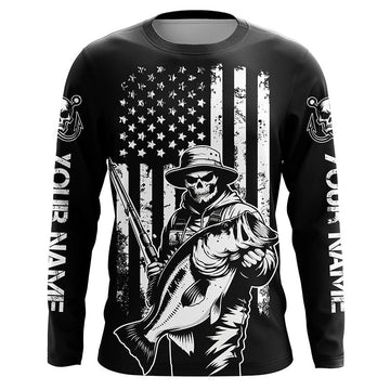 Maxcorners Black And White American Flag Bass Fisherman Custom Skull Fishing Shirts, Patriotic Fishing Jerseys LM0201