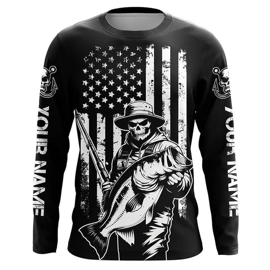 Maxcorners Black And White American Flag Bass Fisherman Custom Skull Fishing Shirts, Patriotic Fishing Jerseys LM0201