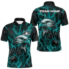 Maxcorners Custom Turquoise Blue Lightning Flame Eagle Men Bowling Shirt, Patriotic US Team Shirt LM2711