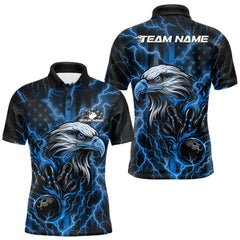 Maxcorners Custom Mid Blue Lightning Flame Eagle Men Bowling Shirt, Patriotic US Team Shirt LM2711