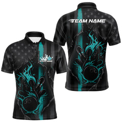 Maxcorners Custom Turquoise Blue Thin Line American Flag Patriotic Flame Bowling Team Men Polo Shirts LM2711