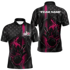 Maxcorners Custom Pink Thin Line American Flag Patriotic Flame Bowling Team Men Polo Shirts LM2711