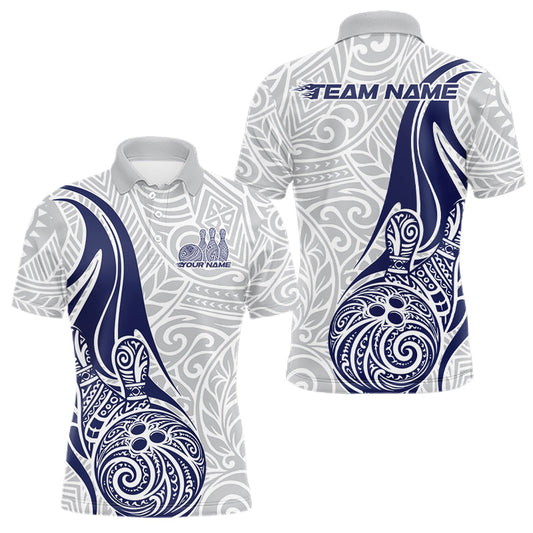 Maxcorners Custom Blue Polynesian Tribal Bowling Men Polo Shirt, Maori Style Bowling Shirt LM0101