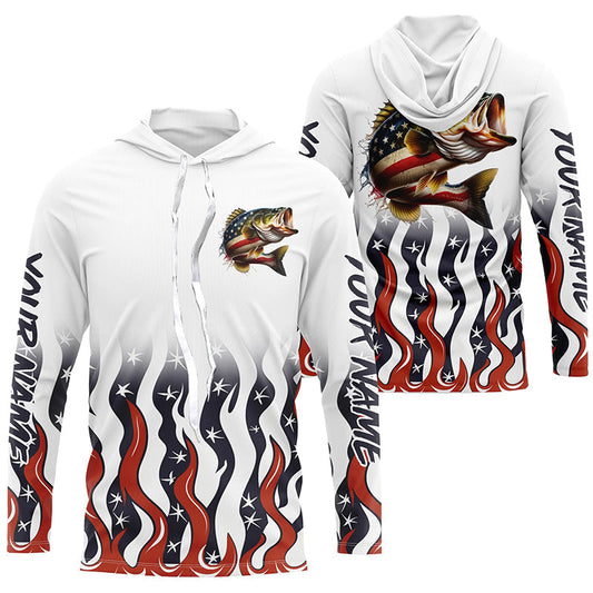 Maxcorners Personalized American Flag Bass Long Sleeve Fishing Shirts, Patriotic Bass Fishing Gifts LM0201