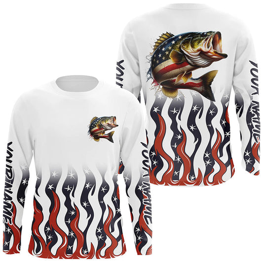 Maxcorners Personalized American Flag Bass Long Sleeve Fishing Shirts, Patriotic Bass Fishing Gift LM0501