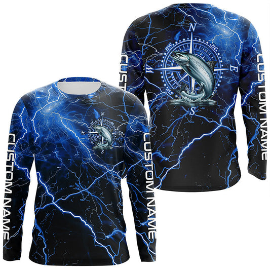 Maxcorners Black And Blue Thunder Lightning Chinook Salmon Fishing Custom Long Sleeve Saltwater Fishing Shirts LM0201