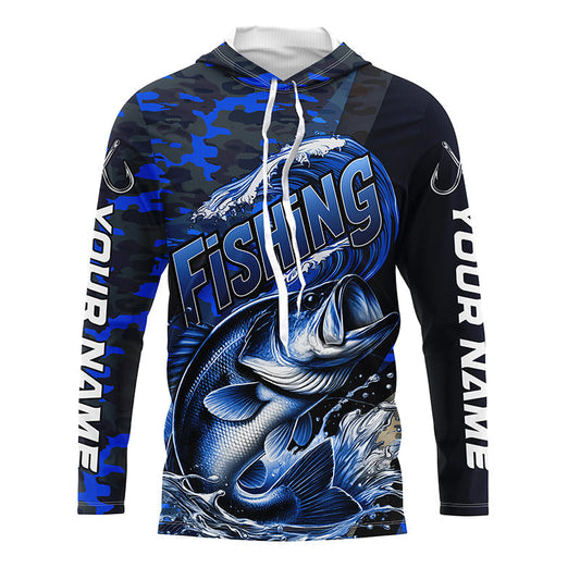 Maxcorners Custom Bass Long Sleeve Fishing Shirts, Personalized Bass Fishing Jersey | Blue Camo LM0201