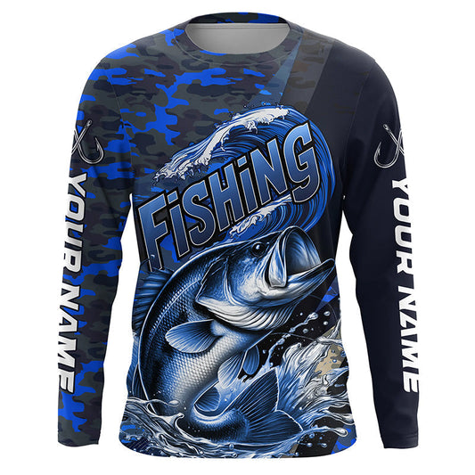 Maxcorners Custom Bass Long Sleeve Fishing Shirts, Personalized Bass Fishing Jersey | Blue Camo LM0201